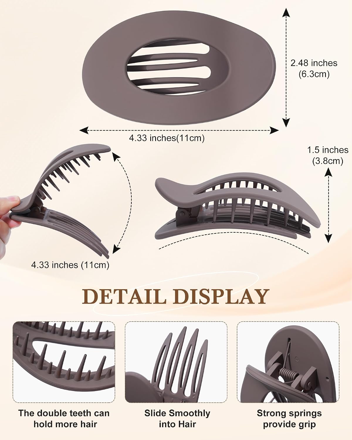 6Pcs French Flat Hair Clips for Women - 2 Styles Matte Oval Claw Clips for Thin Thick Hair Large Strong Hold Lay Down Hair Accessories for Women (Matte Brown Set)