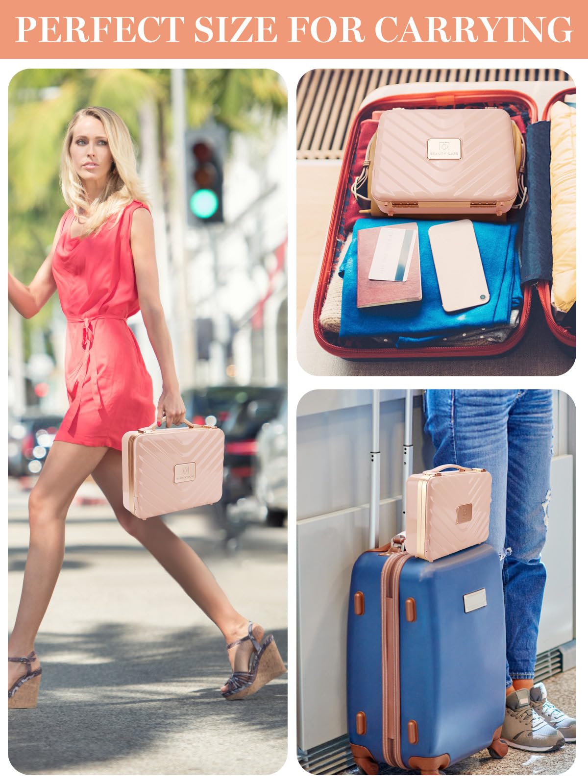 Kalolary Travel Makeup Train Cases with Lighted Mirror 3 Color Setting, Makeup Bag Cosmetic Case Organizer Adjustable Brightness Portable Makeup Storage Box For Makeup Brushes Accessories Tools,Pink