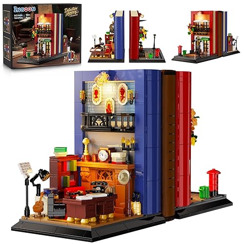INSOON Detective Bookend Building Set with Lights, 1241 PCS Detective Agency Street House Building Block Kit for Home Decor Bookshelf, Collectible Mystery Bookstand Model for Adults Boys Girls Age 12+