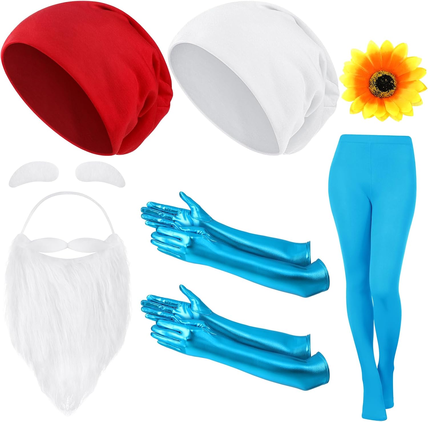 Fourluoo 8 Pcs Halloween Gnome Costume Adults Dwarf Couples Costume Accessories Include Beanie Dwarf Hat Fake Beard Eyebrows Gloves Tights Sunflower Hair Clip for Halloween Cosplay