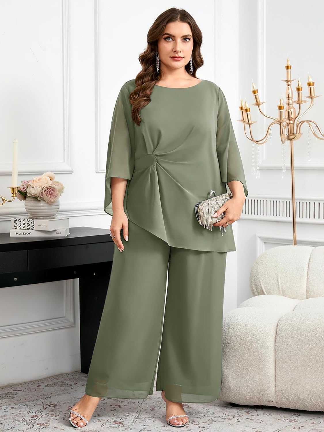 CYCLAMEN Plus Size Mother of Bride Pant Suits 2 Piece Chiffon Sets Asymmetric Wedding Guest Outfit - Image 3