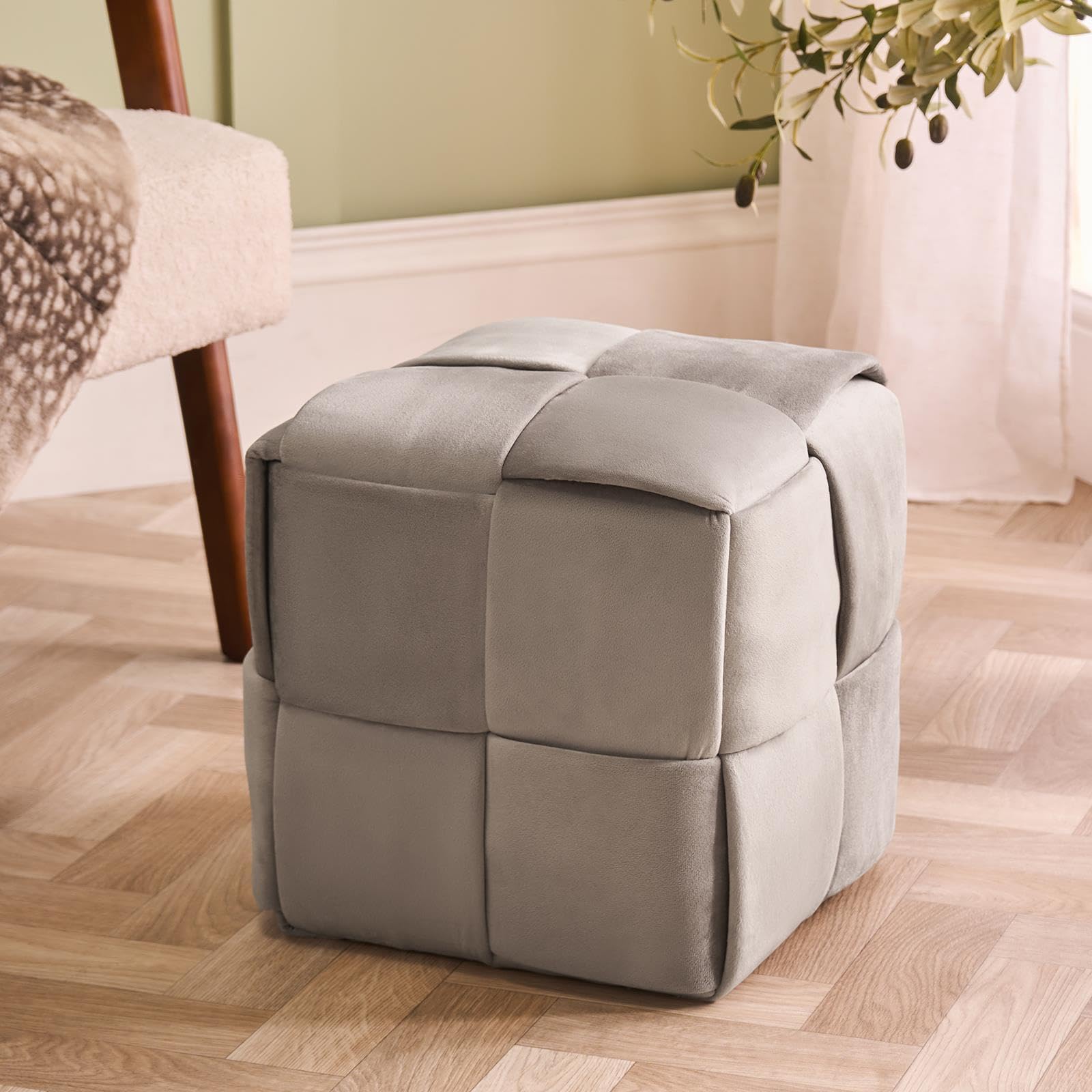 OHS Matte Velvet Foot Stool, Square Ottoman Footrest Natural
