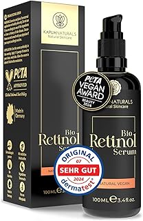 BIO Retinol Serum hochdosiert 100ml • Retinol 5-Fach-Komplex +Hyaluron +Vitamin C ✓ Vegan & BIO ✓ hochwirksam verkapseltes Retinol für strahlende & reine Haut ohne Pickel ✓ Anti Aging Made in Germany