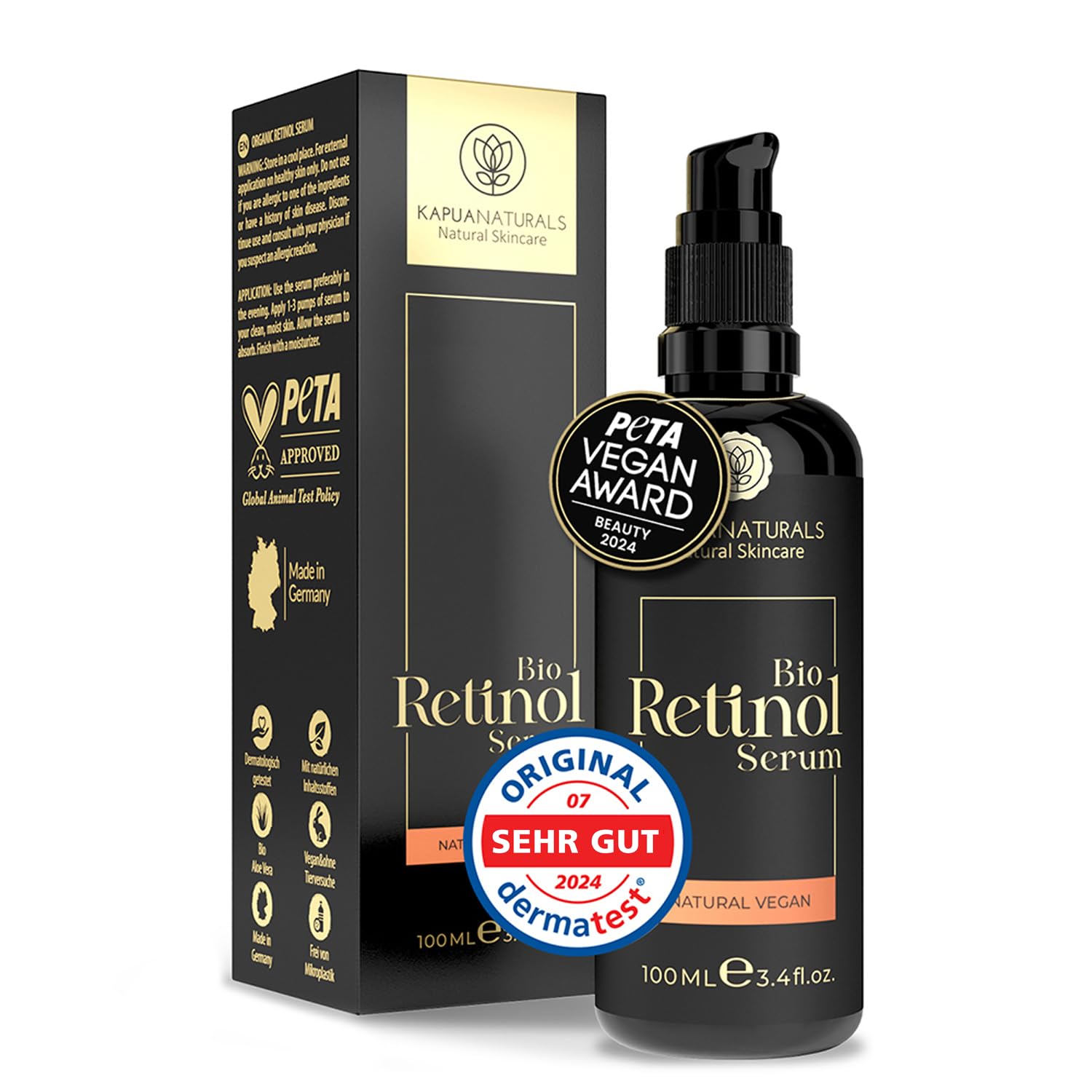 BIO Retinol Serum hochdosiert 100ml • Retinol 5-Fach-Komplex +Hyaluron +Vitamin C ✓ Vegan & BIO ✓ hochwirksam verkapseltes Retinol für strahlende & reine Haut ohne Pickel ✓ Anti Aging Made in Germany