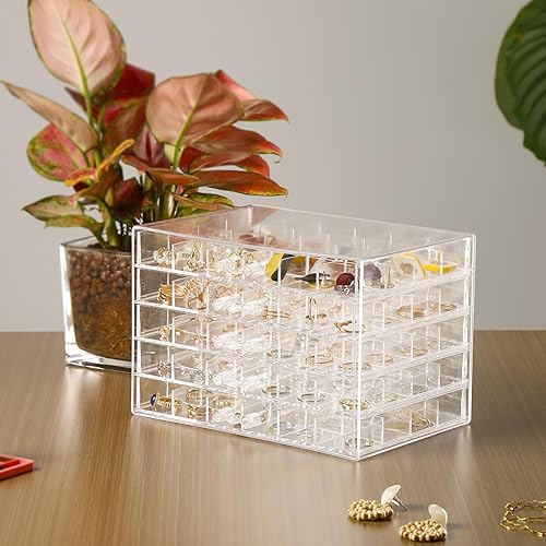 Miniatura 9 de Greentainer Joyero acrílico con rejilla de 120, organizador de almacenamiento de aretes transparente con tapa transparente para 5 cajones, bandeja
