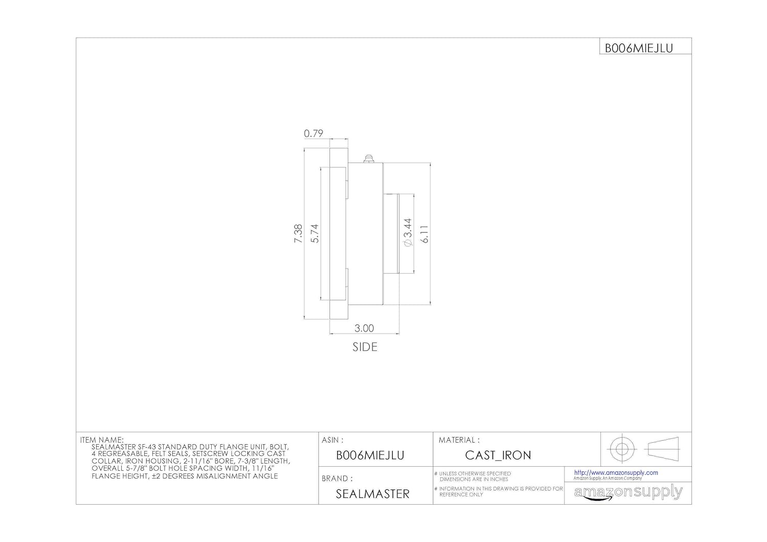 Sealmaster SF-43 Standard Duty Flange Unit, 4 Bolt, Regreasable, Felt Seals, Setscrew Locking Collar, Cast Iron Housing, 2-11/16" Bore, 7-3/8" Overall Length, 5-7/8" Bolt Hole Spacing Width, 11/16" Flange Height, ±2 Degrees Misalignment Angle