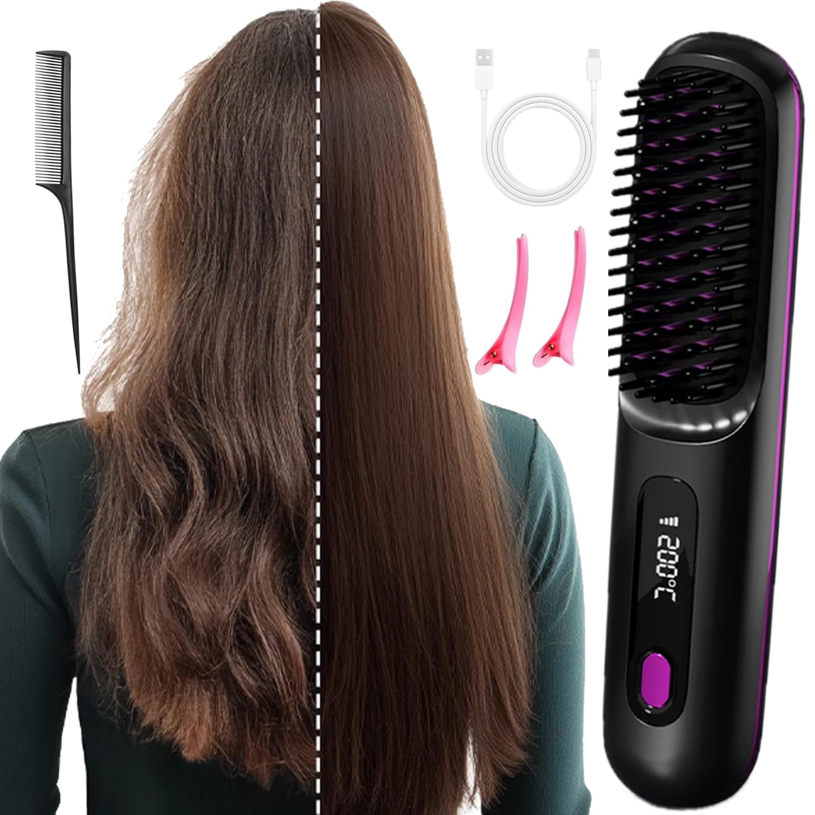 Go Brush Pro 2025,Cordless Hair Straightener,Hot Brush with 3 Heat Settings & 20s Fast Heating,USB-C Rechargeable Brushes Hair, Portable Mini Hair Straightener Travel Styler Gift for Women