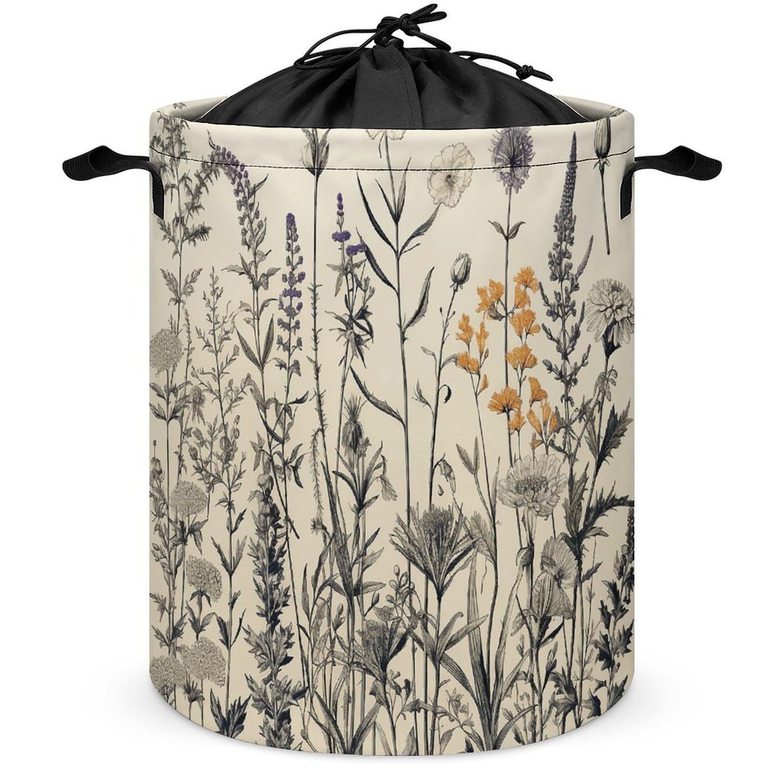 Panier à linge autoportant et grand sac pour vêtements avec motif herbes florales