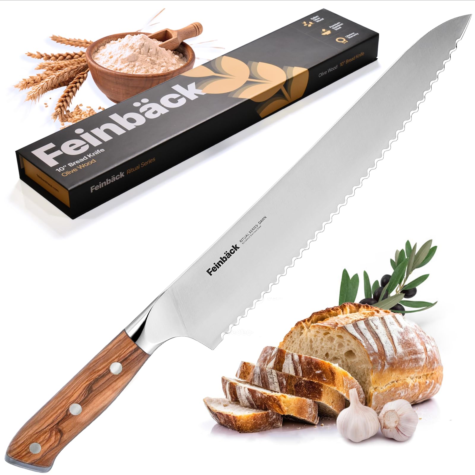 Feinbäck Bread Knife, 10 Inch Scalloped Blade, Italian Olive Wood