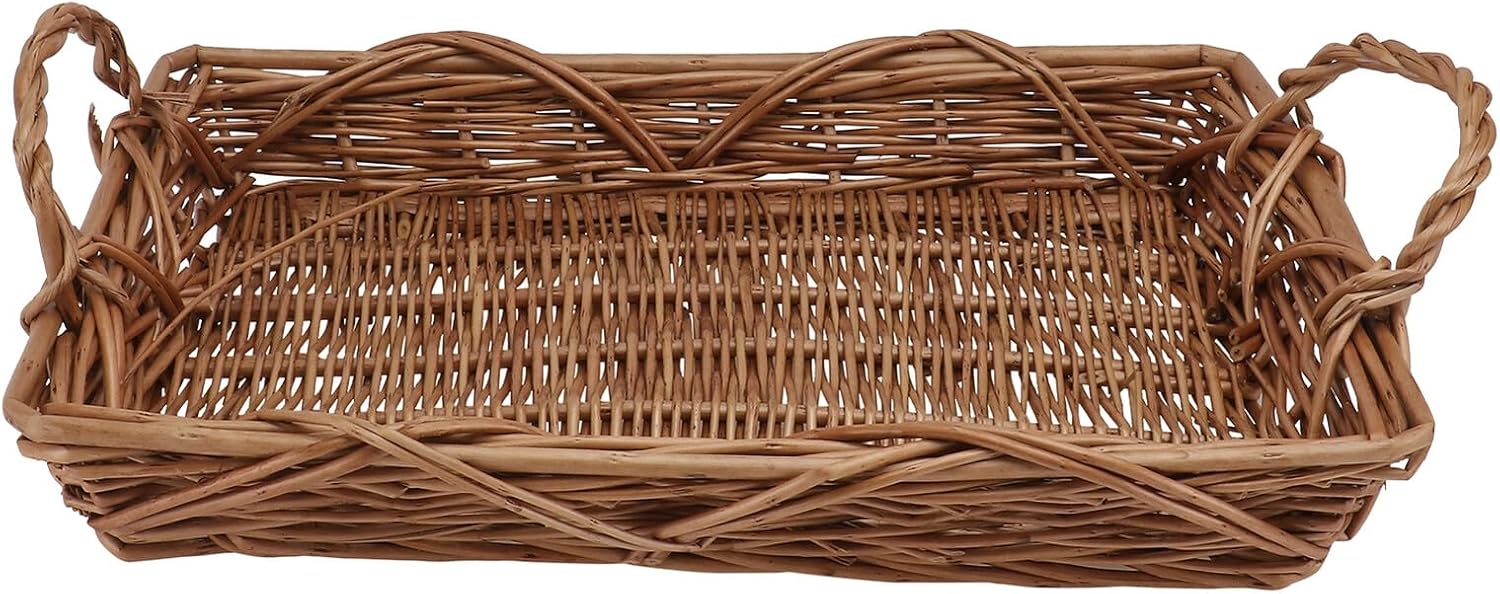 Vintage Rattan-woven Fruit Bread Basket with Handles, Handmade Rectangular Storage Tray for Snacks and Vegetables, Light Brown Woven Basket for Kitchen and Dining Use