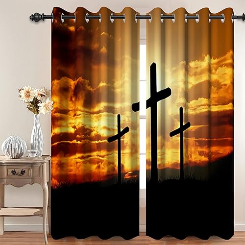 Baocicco Cortinas opacas con cruz de Cristo para dormitorio, sala de estar, Pascua, Jesús, anochecer, cortinas de cruz santa con ojales, santos