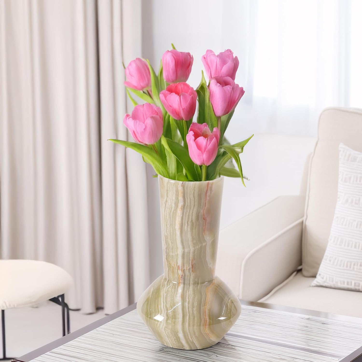 Marble Vase 8 Inch, Handmade Green Flower Vase, Elegant Decorative Home Accessories, Modern Vases for Living Room Décor, Classic Vase for Flowers