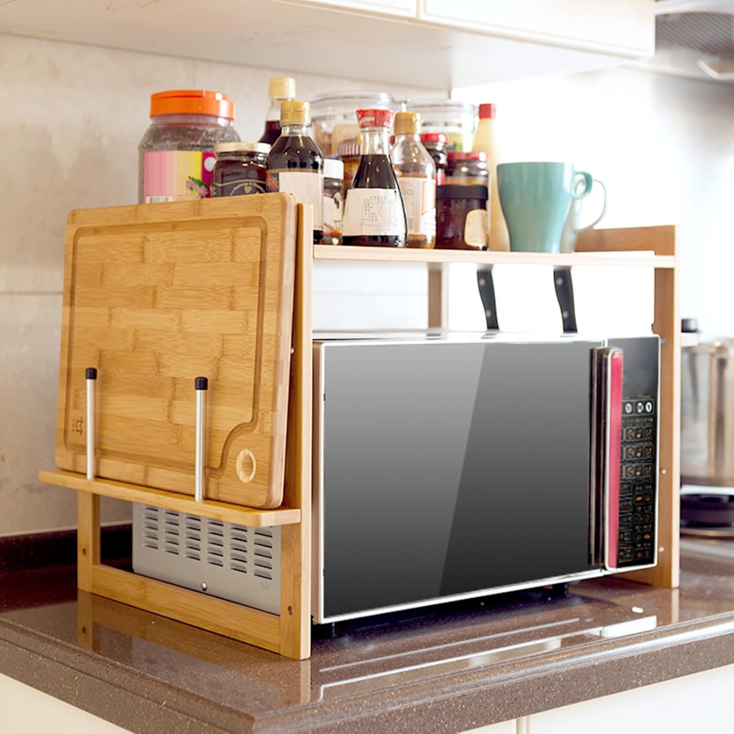 Bamboo Microwave Oven Rack with Chopping Board & Knife Holder, Over-the-Microwave Shelf, Kitchen Storage Organizer for Toaster & Countertop Space Saving