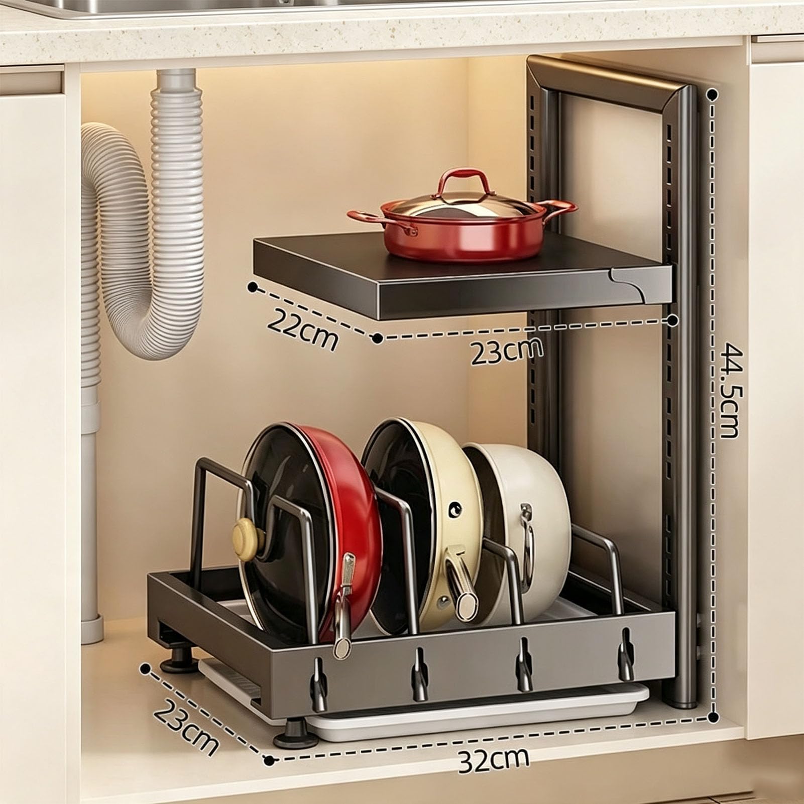 Portautensili da Cucina A Ripiani,Supporto Verticale | per Pentole e Padelle con Scomparti Rimovibili,Organizzatore Adatto a Coperchi e Utensili per La Cottura Giornaliera