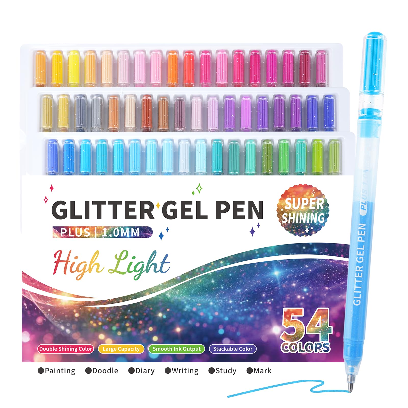 Glitzer-Gelstifte, 54 Farben, doppelt glänzende Farben, Glitzer-Metallic-Gelschreiber mit 1,0 mm großer Kapazität, glattes Schreiben, Farbstifte für Erwachsene, Malnotizen, Zeichnen, Kunstbedarf