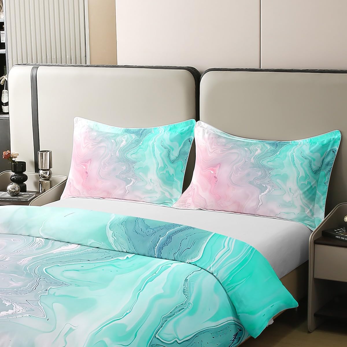 Erosebridal 100% Organic Cotton Liquid Marble Bedding Set Modern Pastel Pink Teal Duvet Cover Girly Abstract Watercolor Comforter Cover for Kid Teen Girl, Full Size