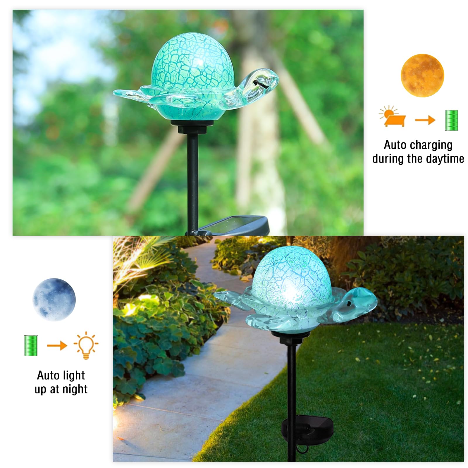 Bshine Luces solares de jardín decorativas al aire libre – Estaca solar de tortuga, estaca de vidrio soplado a mano, luces decorativas de camino para jardín al aire libre, césped, patio