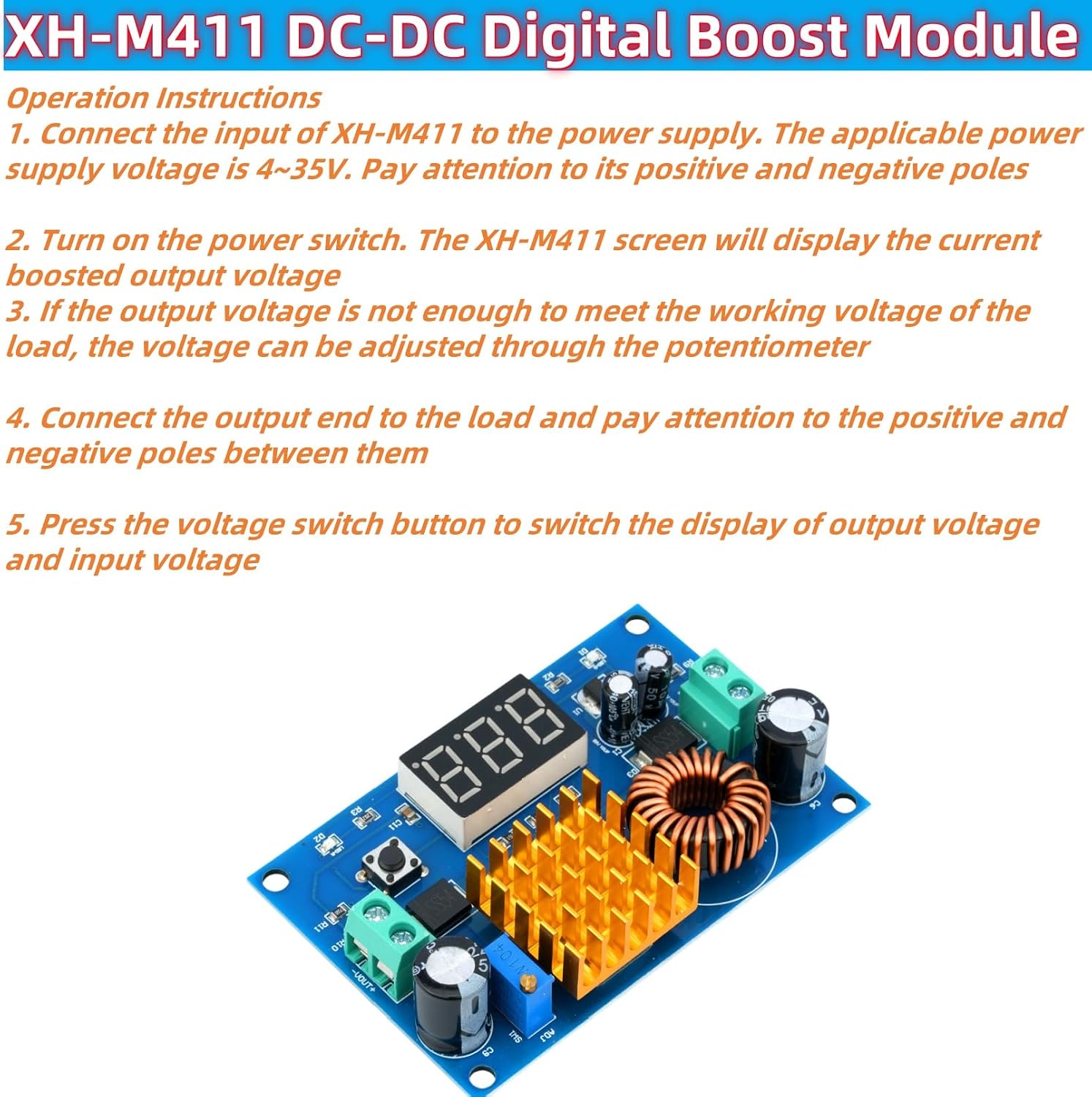 Boost Converter XH-M411 DC to DC Adjustable Digital Booster Module | 3-35V to 5-45V, Adjustable Output Voltage, Compatible with Solar Panels