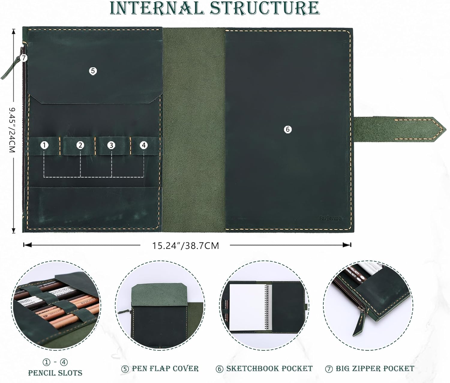 Leather Sketchbook Cover for A5/5.5"x8.5" sketch pads - Handmade Genuine Leather Artist Case with Pencil Holder & Zipper Pocket, Professional Drawing Supplies(Green, 5.5"x8.5")