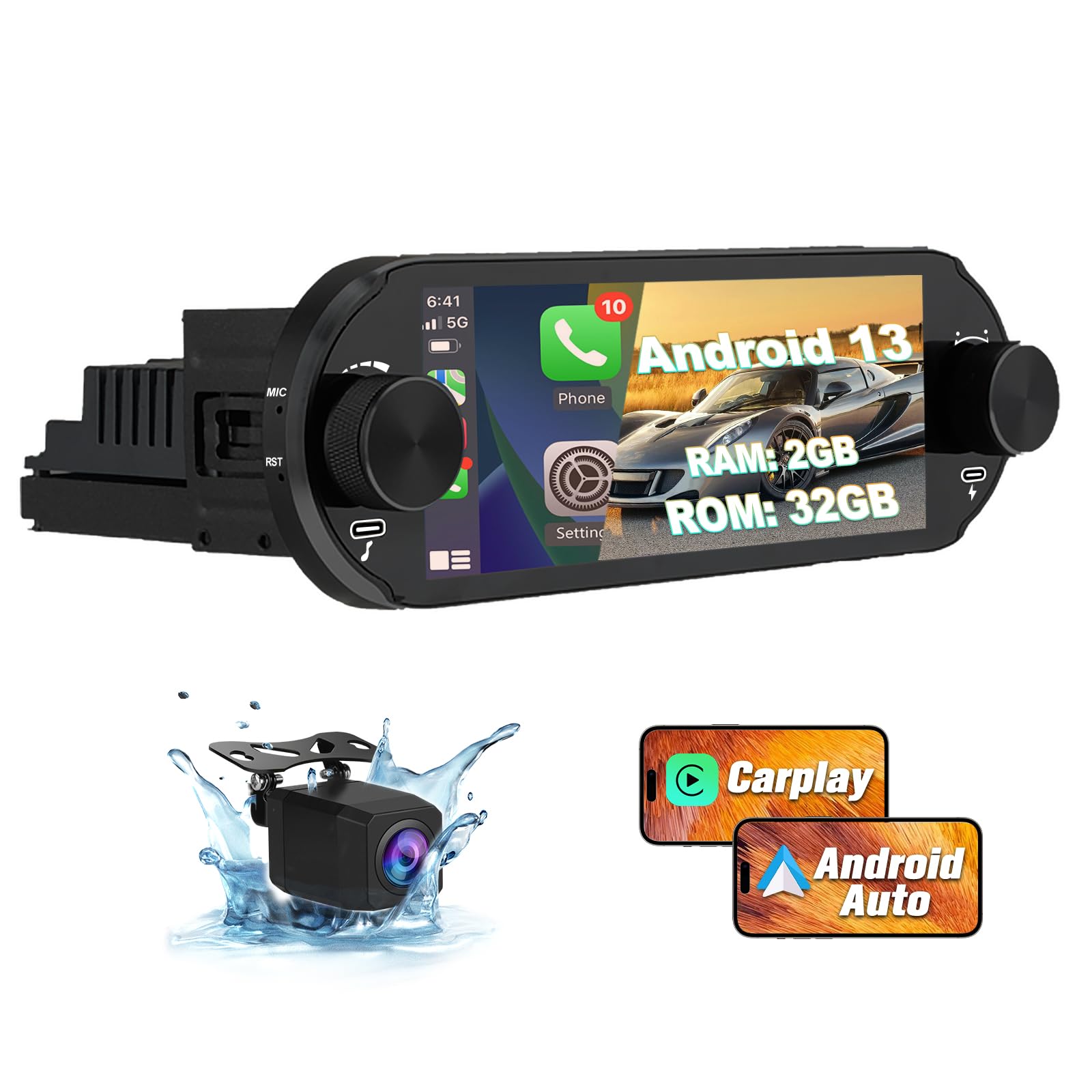 Android 13 2G+32G 1 DIN Radio Coche Universal con Pantalla Táctil 6.86 Pulgadas, con CarPlay/AndroidAuto/Mirror Link, WiFi/GPS/Bluetooth/RDS/USB/FM/Mandos del Volante con Cámara Trasera