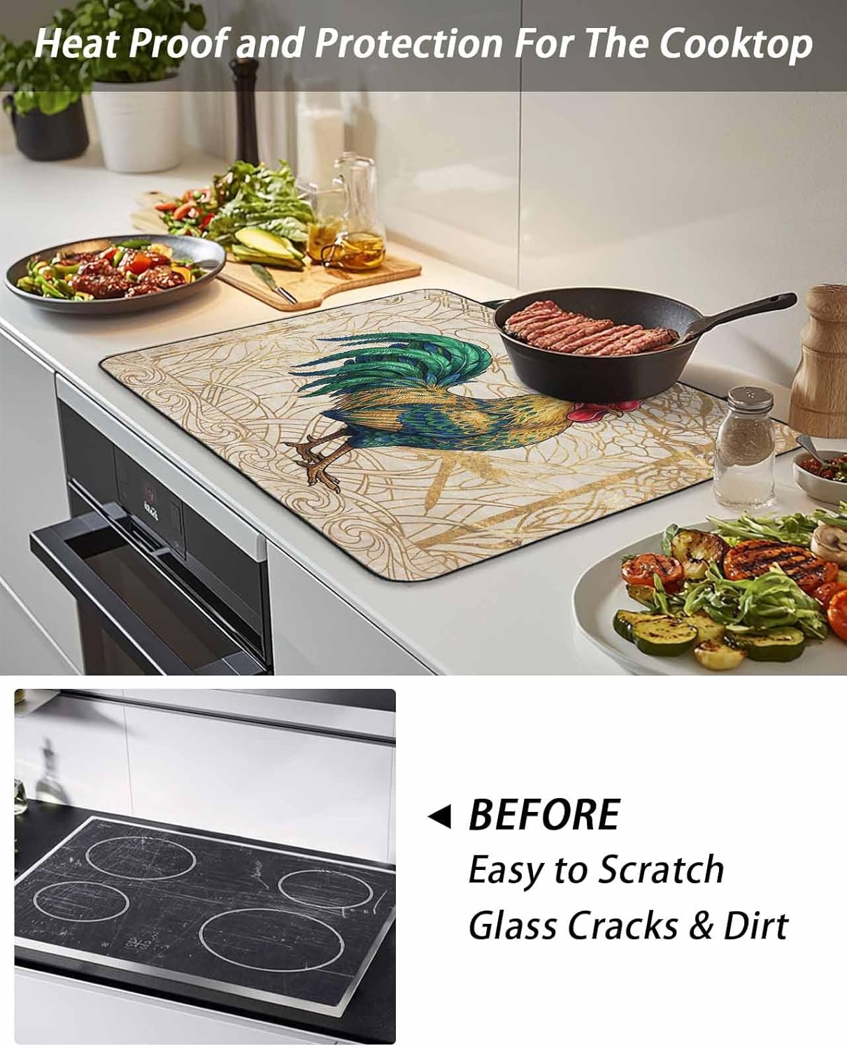 Stove Top Cover Farm Rooster Stove Cover for Electric Stove Top Vintage Country Style Glass Cooktop Covers Anti-Slip Mat Heat Resistant Countertop Protector Home Kitchen Decor 28.5"x20.5"