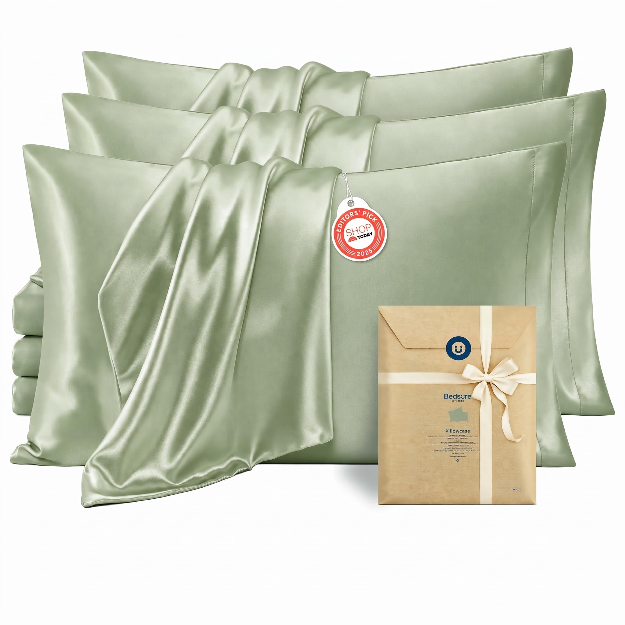 Bedsure Satin Pillowcases, Similar to Silk Pillow Cases Queen Size Set of 6, Pillow Case for Sleeping Women with Envelope Closure, Gifts for Women Men, Sage Green, 20x30 Inches, 6pcs