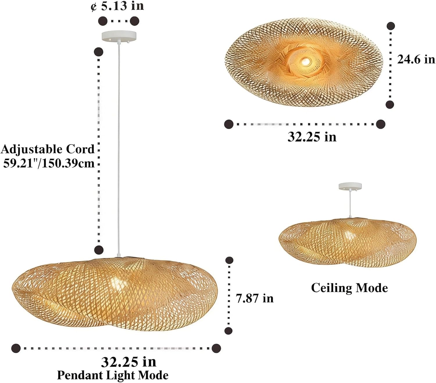 32" Rattan Chandelier Light, Hand Woven Large Boho Light Fixture, Wicker Pendant Light, Adjustable Hanging Height, 32inch Bamboo Lampshade for Dining Room Kitchen Island Living Room