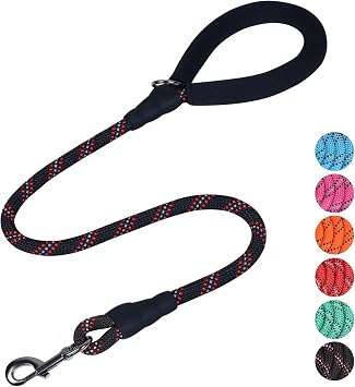 VIVAGLORY Rope Dog Leash Roperex Dog Leash with Soft Padded Handle for Walking & Training, Strong Rope & Reflective Heavy Duty for Pet, 5/16IN x 4FT 018 lbs., Black