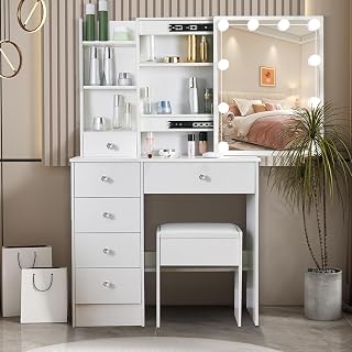 Vanity Desk with Sliding Mirror and Lights, White Vanity Table with Stool, Lighted Mirror, 3 Color Dimmable Brightness, Open Shelves and Drawers, Makeup Vanity Set for Bedroom, Girls Women