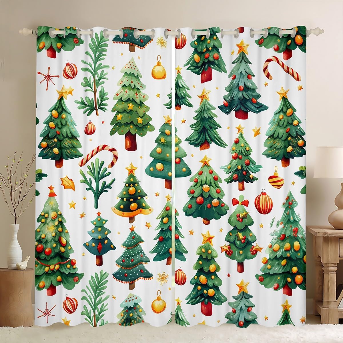 Christmas Tree Curtains,Xmas Ball Star Snowflake Window Curtain Kids Boys Girls Home Room Decor,Merry Christmas New Year Window Treatment Curtain,Xmas Theme White Window Drapes,2 Panels,38Wx54L
