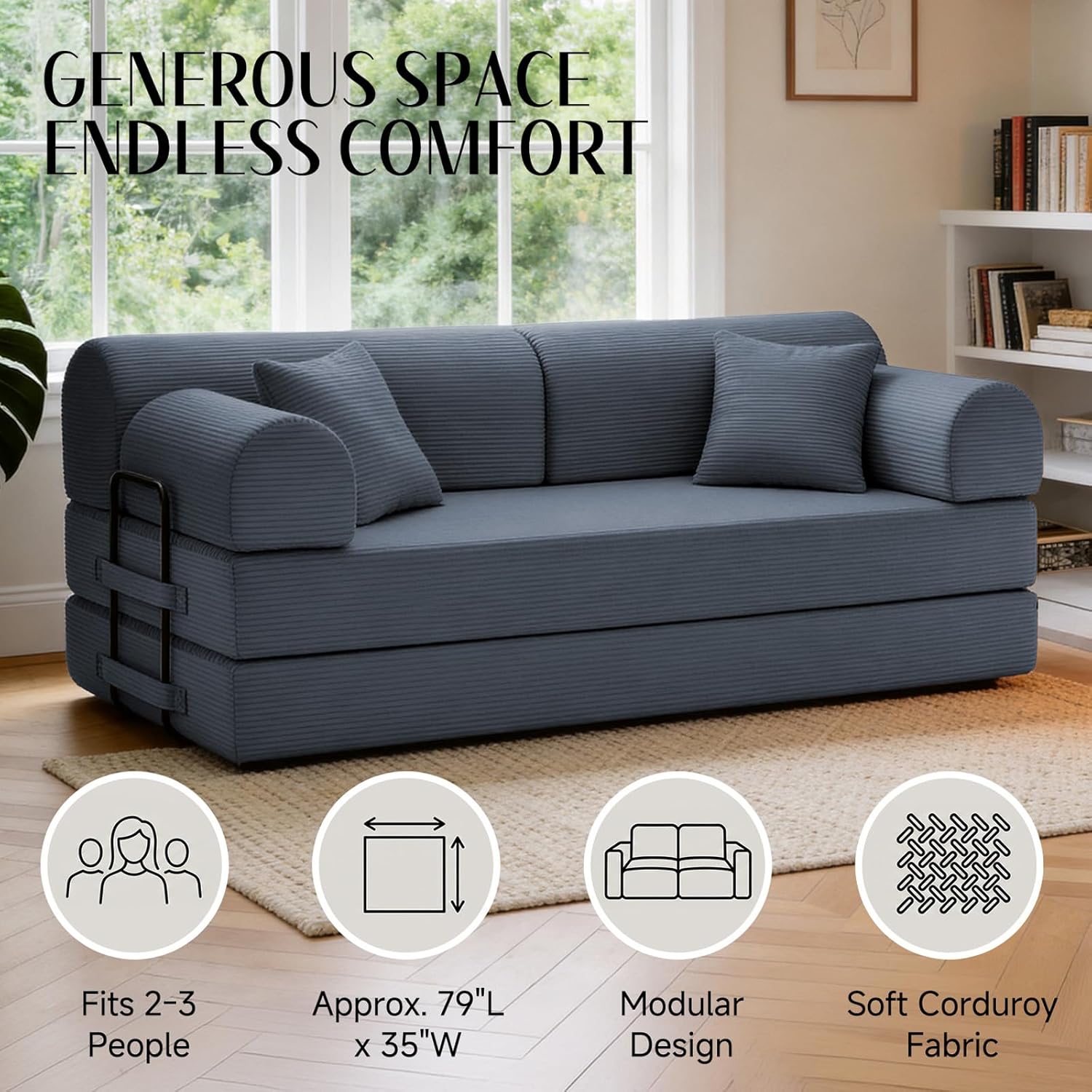 78.8" Convertible Modular Sofa, 6-in-1 Boneless Corduroy Floor Couch with Pillows, High-Density Foam Folding Loveseat, Detachable Armrests, No Assembly Modern Deep Seat Furniture (Gray)