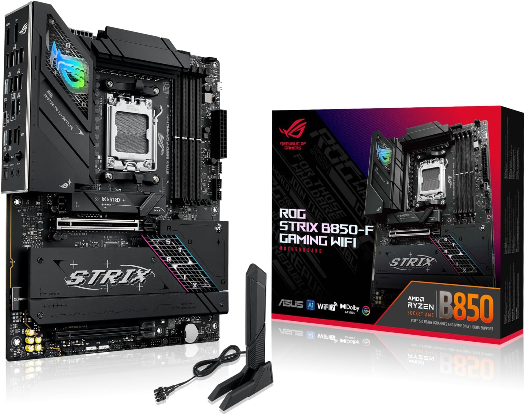 ASUS ROG Strix B850-F Gaming WiFi AMD motherboard, 16+2+2 power stages, DDR5 slots, four M.2 slots, PCIe 5.0, total support of 19 USB ports including USB 20Gbps Type-C and Aura Sync RGB