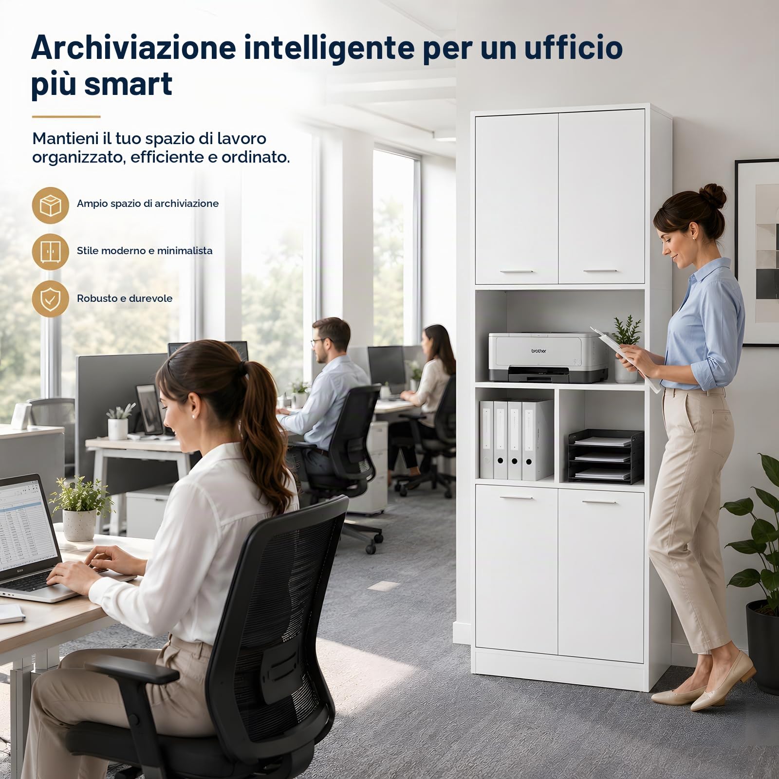Armadio Ufficio Bianco 60x40x180,5 cm, Schedario da Ufficio con 4 Ante, Vano Stampante e Ripiani Regolabili, Mobile Multiuso Salvaspazio per Camera e Bagno, Credenza per Cucina e Soggiorno