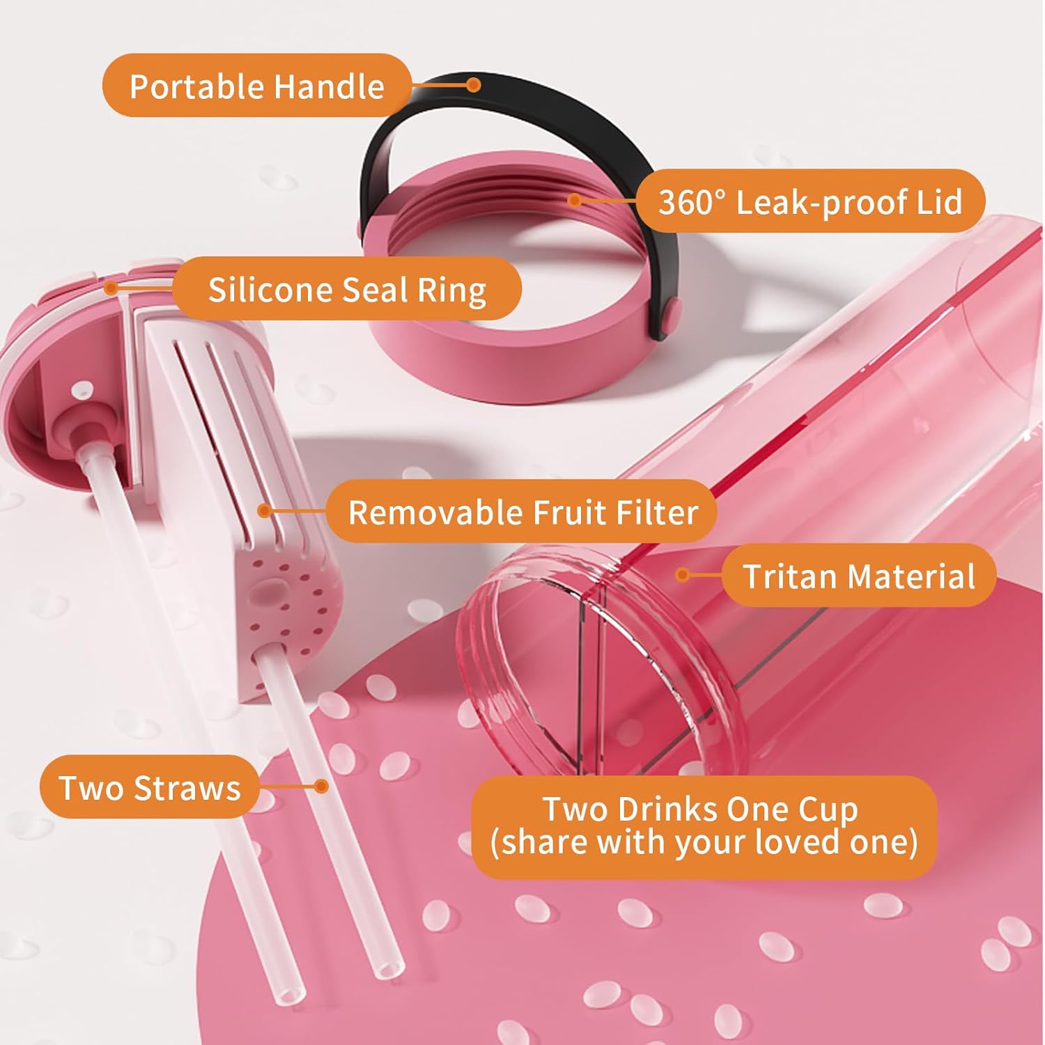 24 oz Spill Proof Split Cups & Straw Water Bottle with lid and straw, Mixed 2-in-1 Half Drinking cup, Two Sides Travel Mug for Hot/Cold Drinks(Pink) - Image 5