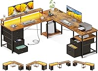 AODK 66" Reversible L-Shaped Gaming Desk with File Cabinet, 4 Drawers, LED Lights, Power Outlet & Monitor Shelf - 113" Two-Person Home Office Workstation