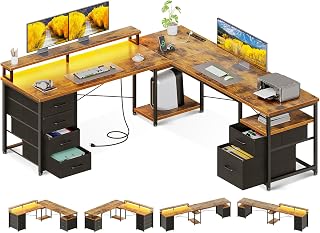 AODK 66" Reversible L-Shaped Gaming Desk with File Cabinet, 4 Drawers, LED Lights, Power Outlet & Monitor Shelf - 113" Two-Person Home Office Workstation