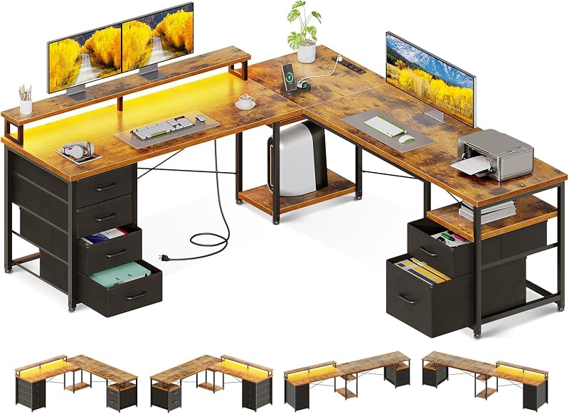 AODK Escritorio para computadora en forma de L de 66 pulgadas, escritorio reversible para oficina en casa con archivador y 4 cajones de tela, escritorio para dos personas con luces LED y toma de corriente, escritorio esquinero para juegos con estante para monitor, vintage