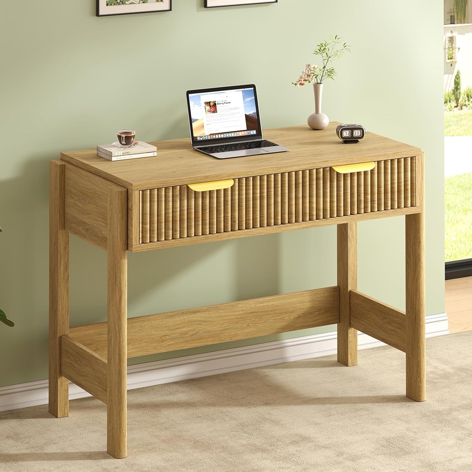 YOMILUVE 34 Inch Small Computer Desk with Drawer, Fluted Computer Desk with Storage, Wooden Desks Compact Writing Study Table for Small Spaces, Oak