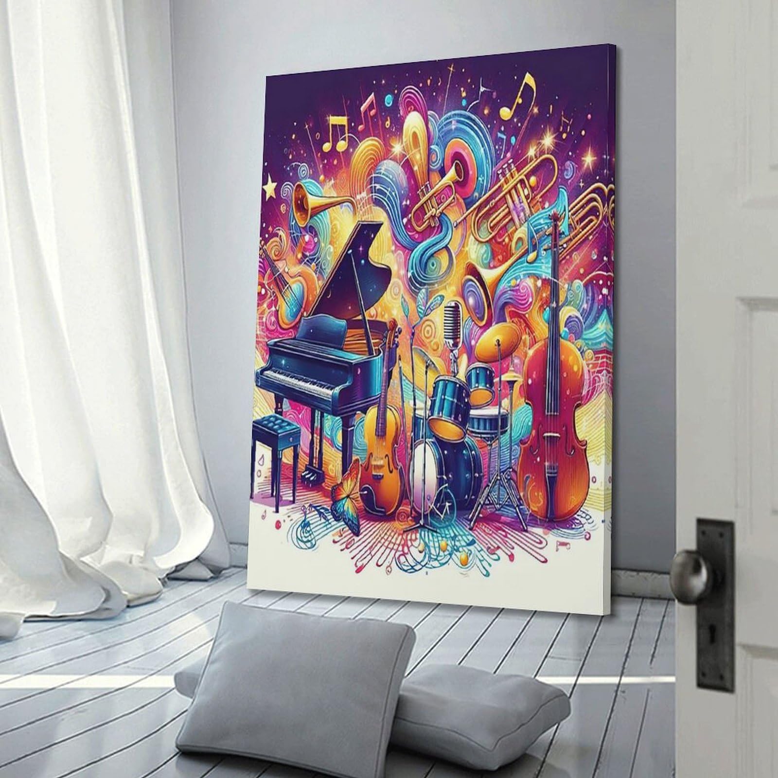 Poster di festival, stile anime, accattivante, strumenti musicali rispettivi e note suonate poster pittura decorativa poster da parete su tela e stampa artistica moderna per la camera da letto della