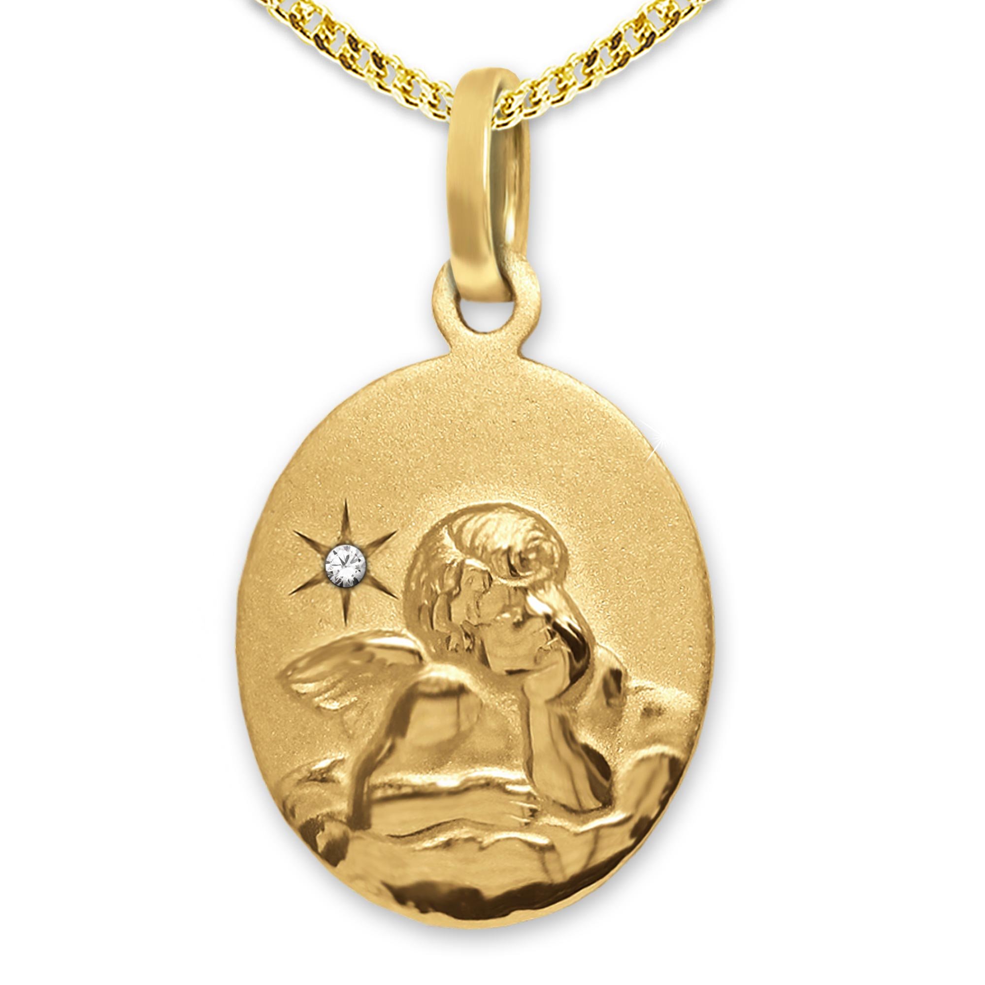 CLEVER SCHMUCK Schutzengel Goldkette klassisch auf Wolke mit einem Zirkoniastein 333 GOLD 8 KARAT mit vergoldeter Panzerkette 45cm im Etui anthrazit