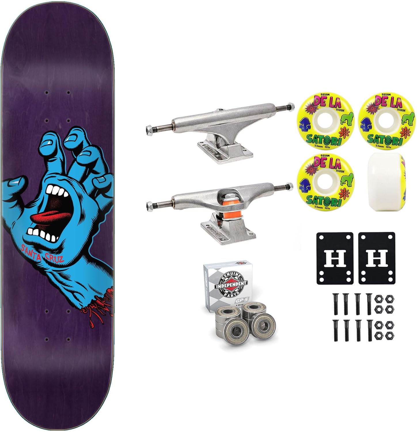Santa Cruz Professional Skateboard Complete with Independent Trucks, Satori Wheels, Independent Bearings, Mounting Hardware, and Risers - Premium Assembly Kit