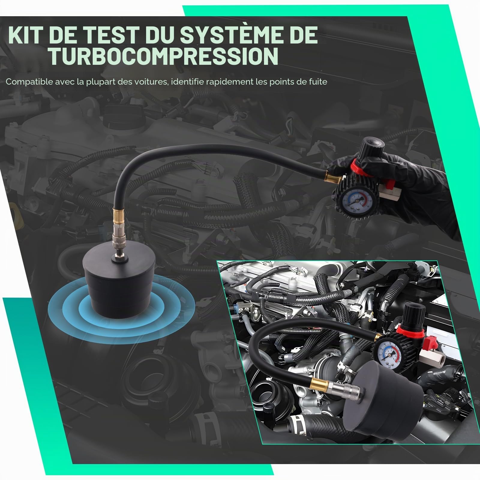 9 Pièces Testeur Fuite du Système Turbo, Kit de Test d'étanchéité de Pression de Suralimentation, Testeur d'étanchéité de Pression de Suralimentation pour Système de Refroidissement avec Manomètre