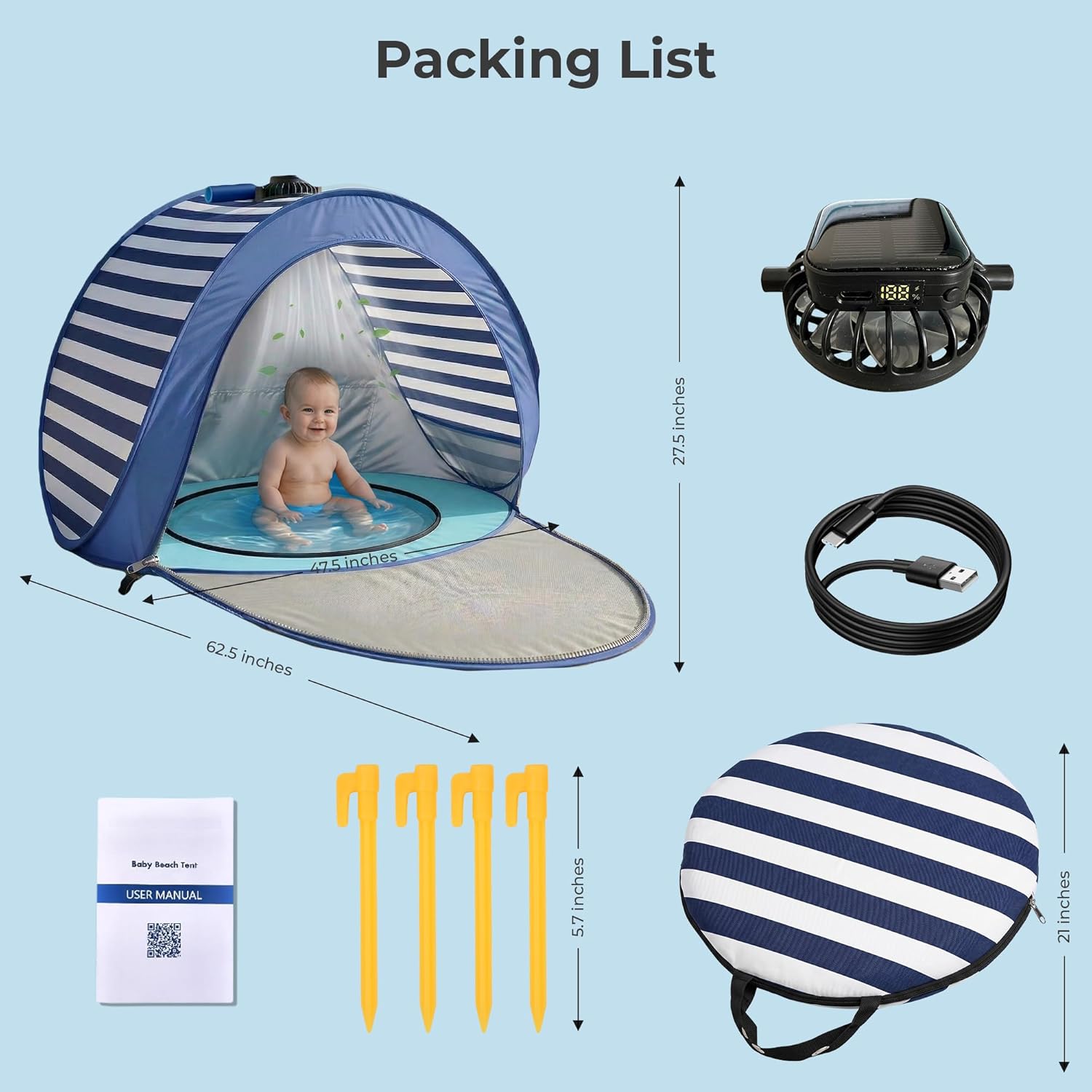 Baby Pop Up Tent with Integrated Solar Cooling Fan | Anti-UV Baby Tent for Beach with UPF 50 UV Protection | Baby Beach Pool | Portable Travel Sun Shade for Baby |
