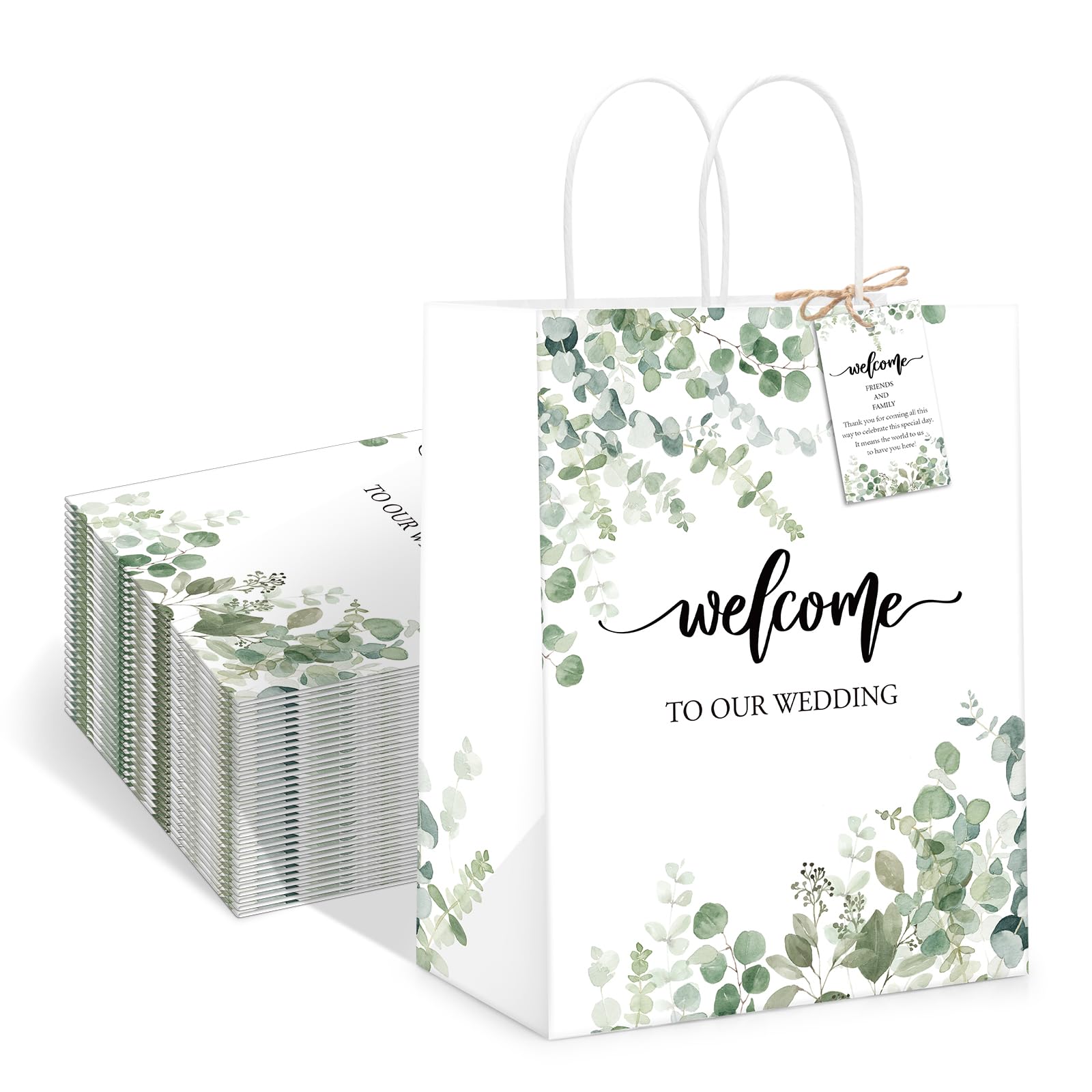 QIELSER 50 szt. torebek powitalnych dla gości weselnych luzem z metkami Witamy w naszych torebkach na prezenty ślubne z uchwytami na przyjęcie urodzinowe baby shower upominki materiały