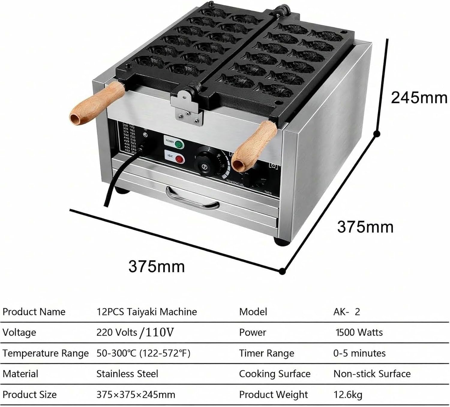1500W Taiyaki Fish Waffle Maker, Commercial Electric Fish Shaped Waffle Iron, Stainless Steel Waffle Baker with Non-Stick Cooking Plate, 50-300℃ Temperature Control & 0-5Min Timer