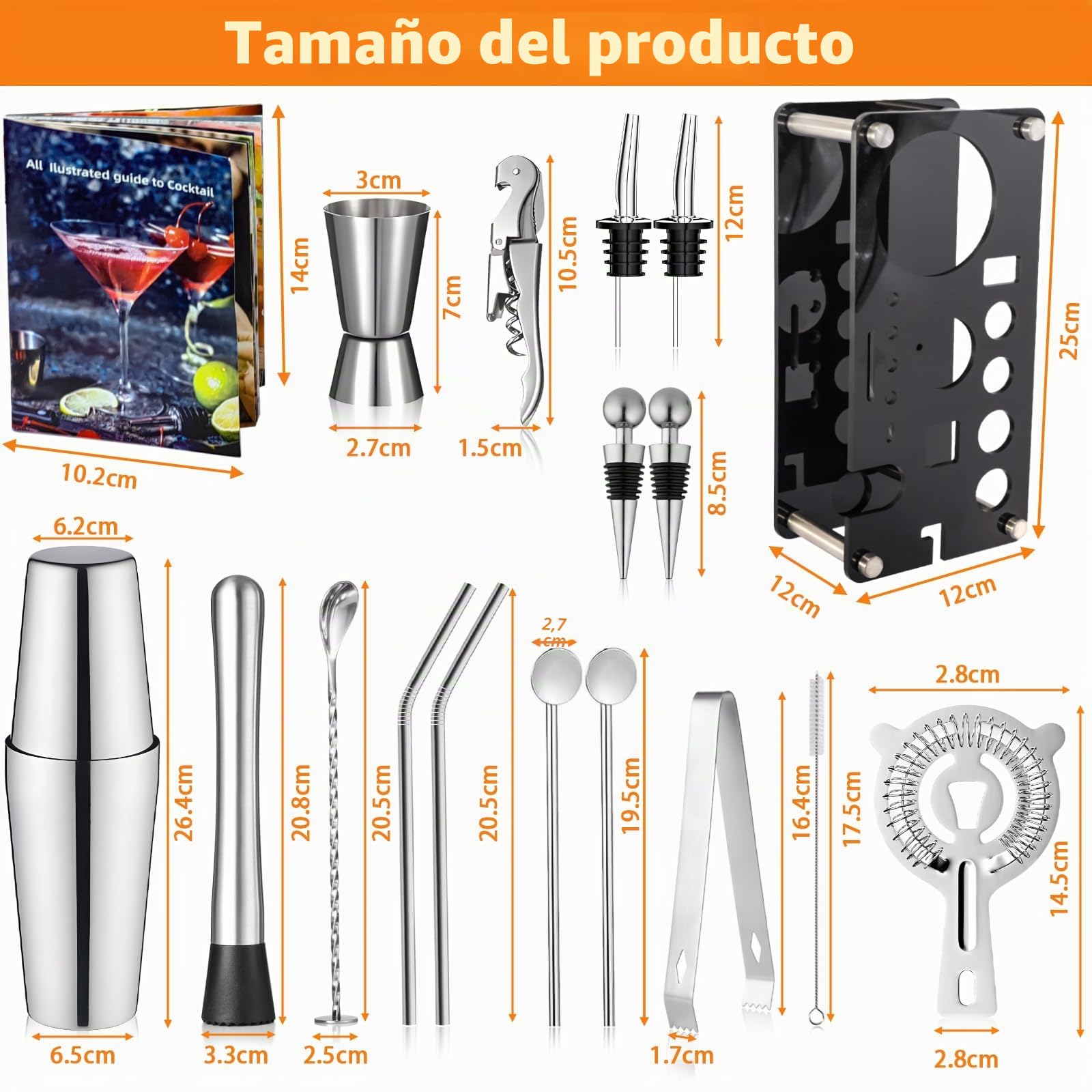Juego de 18 cocteleras de acero inoxidable, coctelera esencial para fiestas con soporte y libro de recetas
