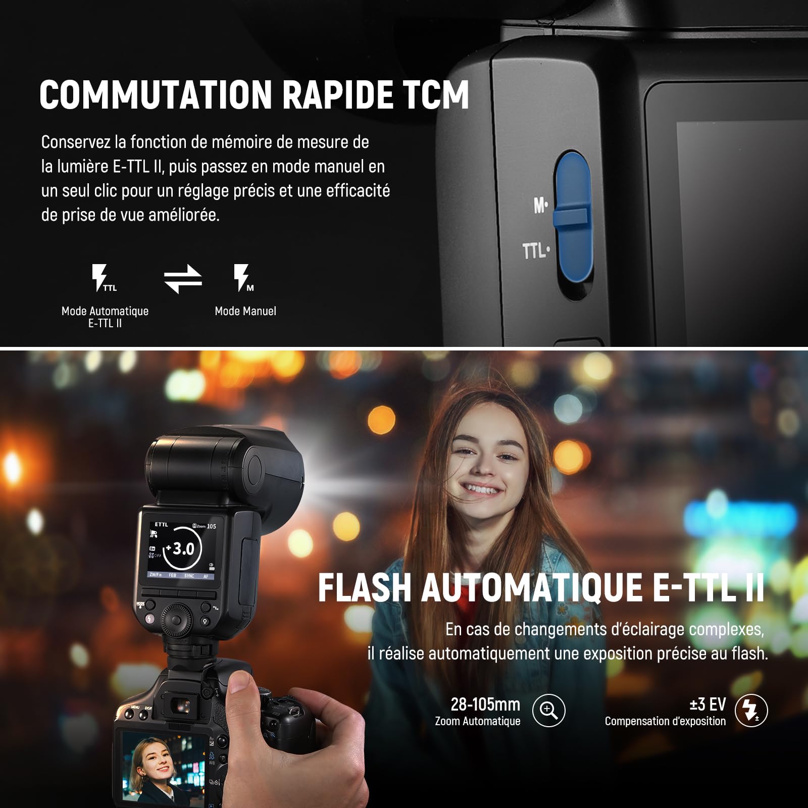 NEEWER Z2-C 2,4G TTL Flash Speedlite Rond Compatible avec Canon,600 Flashs Pleine Puissance,3 000mAh,76Ws 1/8 000s HSS,2 Lampes de modélisation,Diffuseur de lumière,Bouton TTL/M pour système Q 2,4G
