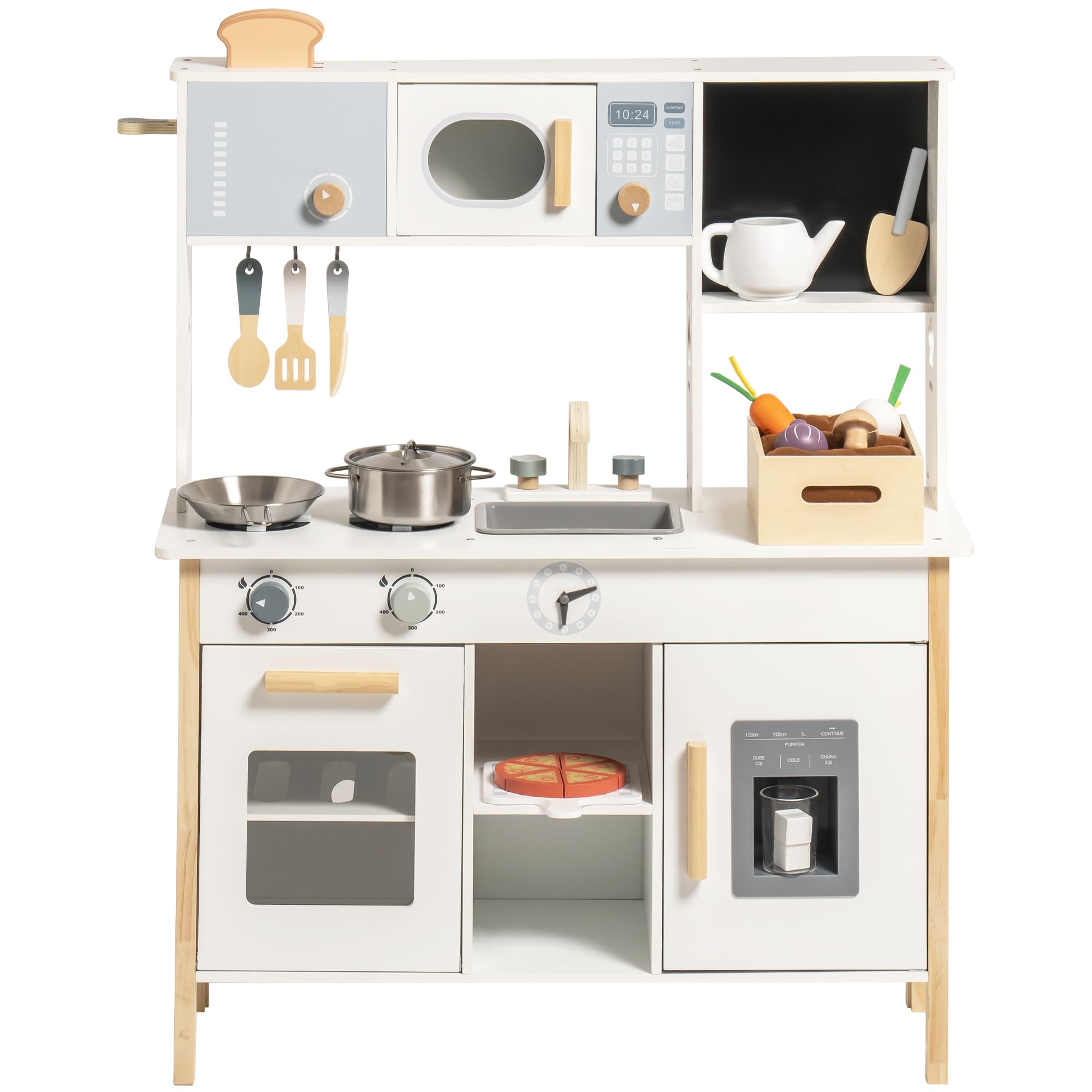 ROBOTIME Kinder-Holzspielküche mit Brotmaschine, Eiswürfelspender, Tafel und mehr, inklusive Spiel-Lebensmitteln Mädchen und Jungen ab 3 Jahren | Kinderküche Zubehör mit Toaster, Eismaschine, Schneidelebensmitteln und Pizza, Geschenk für Mädchen und Junge