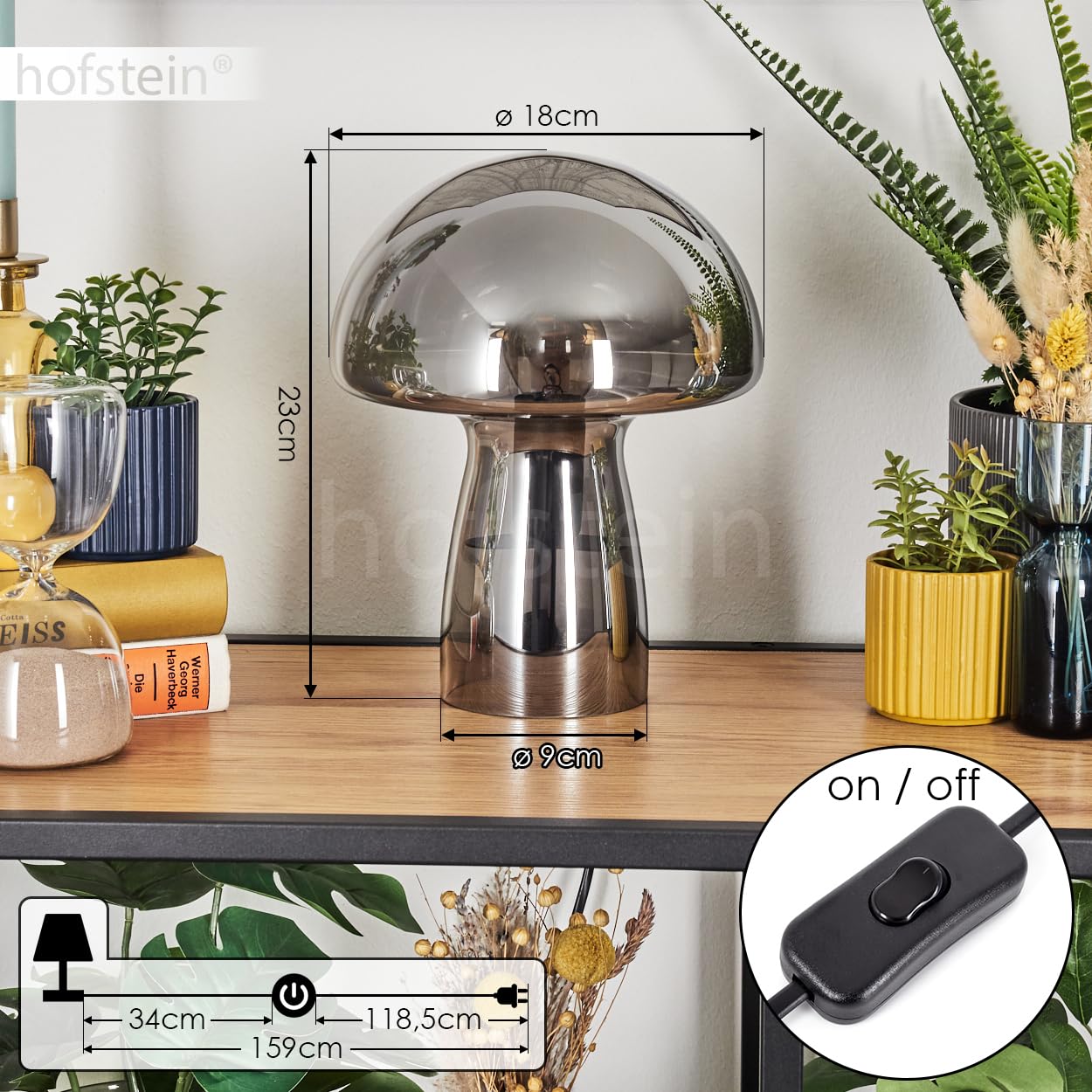 Lampe de table Almagre, en métal/verre noir/chrome/fumée, lampe au design moderne vintage/rétro avec abat-jour en verre (Ø 18 cm) et interrupteur marche/arrêt sur le câble, 1 x E14, sans ampoule