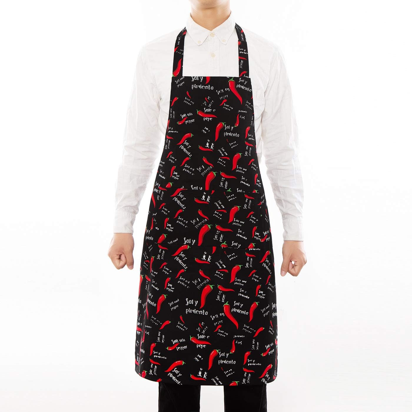 Flying Frog Bib Apron with Pockets for Men and Women - Chili Pepper Apron - Extra Long Ties - Easy to Wear